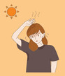 Young woman sweating in hot weather, risking heat stroke. Sweaty girl with burning sun, suffering from heat wave. Hand drawn flat cartoon character vector illustration.