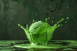 A suspended green ice cream ball caught in the act of levitation, leaving behind a harmoniously shaped splash.