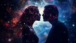 Man and woman silhouettes at abstract cosmic background. Human souls couple in love. Astral body, esoteric and spiritual life concept.