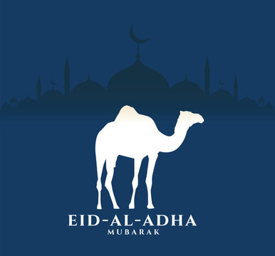 Eid Al Adha festival. Greeting card with sacrificial camel and crescent on cloudy night background. Eid Mubarak theme. Vector illustration.