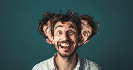 Wall Mural - A man with a beard and a smile on his face. He is wearing a white shirt. The image is a collage of three men's faces, with the man in the middle. Happy man with two heads having fun