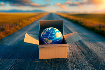 Wall Mural - Open cardboard boxe with Earth globe on the road. International package delivery concept, global purchases transportation business.