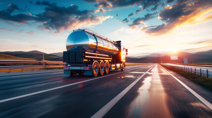 Wall Mural - A tanker truck transporting oil and fuel drives down a highway under a vibrant sunset sky, symbolizing the industrial movement of precious resources