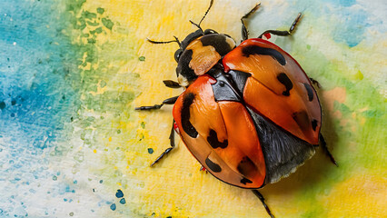 ladybug on yellow colorful painting background, AI Generative