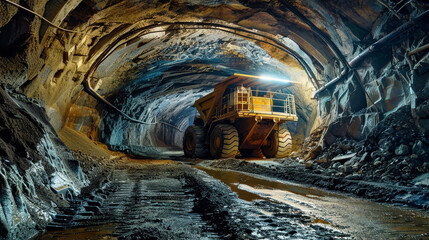 A large yellow truck drives through a dark tunnel in a mining site, its headlights illuminating the path ahead as it navigates the underground passages