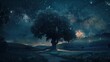 Lonely tree in open field under starry night sky