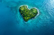 An aerial photograph of Heart Island, with its heart-shaped outline contrasting against the deep blue ocean.