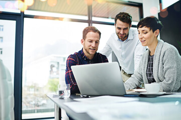 Sticker - Business, partners and smile at boardroom with laptop for meeting on teamwork, collaboration on project. Office, strategy and happy in startup company for planning, report and feedback as partners