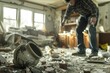 An image depicting a man assessing the mess in an abandoned, ransacked room with debris and peeling paint