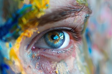 Poster - Vibrant colors of paint cascade around a sharp blue eye, showing a fusion of human beauty with artistic expression