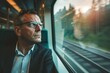 A contemplative middle-aged man looks out a train window during sunset