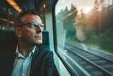 Fototapeta  - A contemplative middle-aged man looks out a train window during sunset