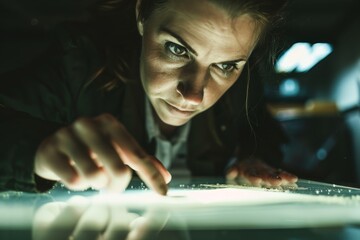 Poster - A researcher operates a digital touchscreen with detailed graphics in a dark lab