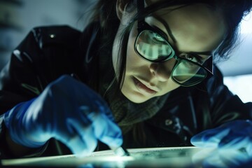 Leinwandbilder - A scientist in a lab coat examines complex data on a screen in a dark room