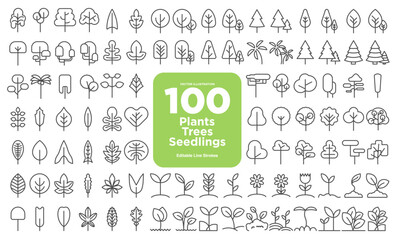 Set of 100 Plant Line Icons. 100 Vector icons of plants, trees, seedlings, growing plants isolated on white background. Editable strokes. Collection of Plant line icons. Tree line icons.	
