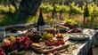 Food photography depth of field on wooden table with natural light in field picnic ambiance