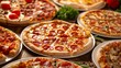 Pizza on plates and dishes of many flavours including Calzone, Pepperoni, Margherita and meats