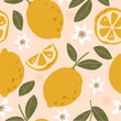 Summer pattern with lemon flowers and whole lemons.