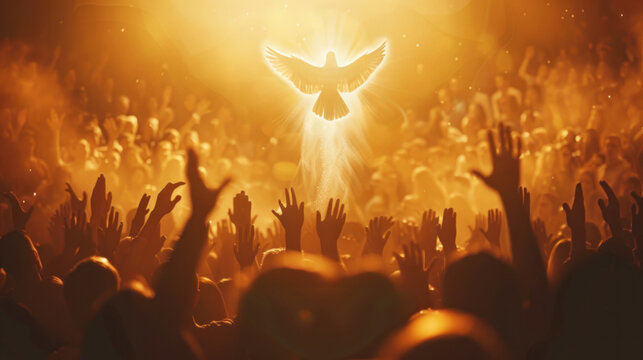 silhouette of the holy spirit in the form of a bird of peace in the sun's rays, people pray with their hands raised up