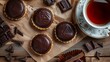 Tasty choco pies and tea on wooden table, flat lay