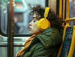 Woman Wearing Headphones Sitting on a Bus