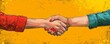 A collage banner with a handshake theme. Women's hands make a deal. Handling halftone effect with doodles on a yellow background with hand-drawn texture.