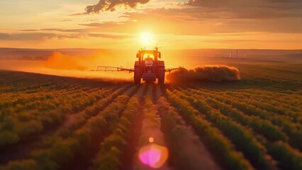Wall Mural - Sunset Symphony Over Spraying Soybeans. Concept Landscapes, Agriculture, Nature, Farming