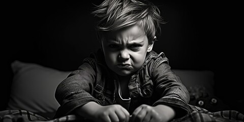 Wall Mural - A young boy's tear-streaked face reflects a mix of sadness and frustration, his small frame trembling with anger.