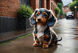 Little wet dog under rain. Generative AI