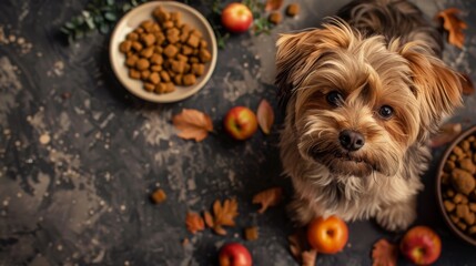 cute hungry dog eating from bowl, healthy pet food, copy and text space, 16:9