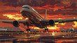 illustration of a large plane landing on the runway at sunset with city skyline, banner
