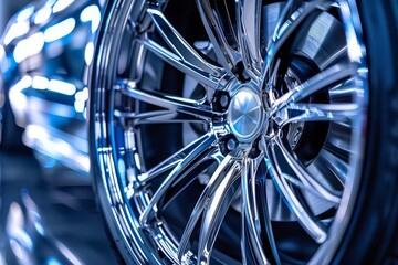 polished silver forged alloy car rim with intricate spoke design automotive photography