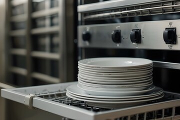 close up white plate on basket in automatic dishwasher machine for industrial
