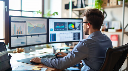 Poster - sales manager looking at the sales data statistics of business on computer screens in modern office,