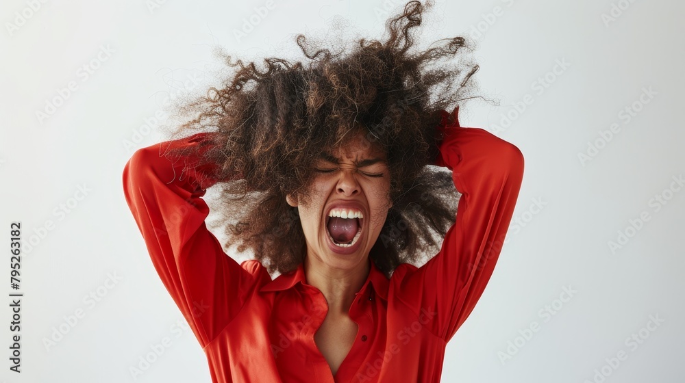 Frustrated, yelling black woman with tension, fury, and mistake against ...