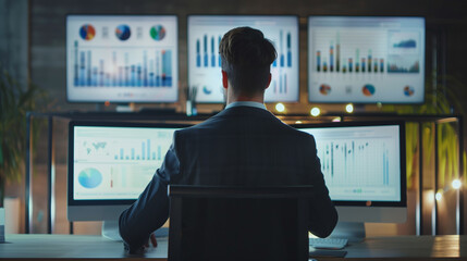 Poster - sales manager looking at the sales data statistics of business on computer screens in modern office, growth analysis, businessperson or data analyst working with sales data 