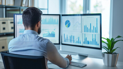 Poster - sales manager looking at the sales data statistics of business on computer screens in modern office, growth analysis, businessperson or data analyst working with sales data 