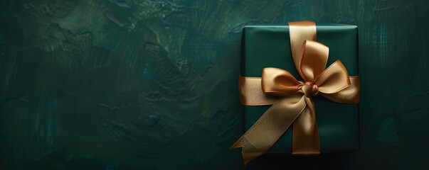 Wall Mural - A wrapped gift box with a gold ribbon, placed against a green background.