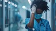 Surgery pain, depression, or black woman fatigue following medicine failure, hospital crisis, or nursing error. Doctor, burnout, or African female nurse stressed by medical risk, worry