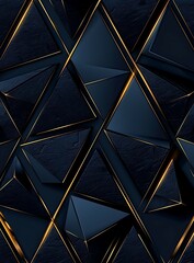 Wall Mural -  Luxurious Dark Blue Abstract Template with Geometric Triangle Pattern and Golden Striped Lines on Black Background