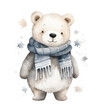 Watercolor bear in scarf isolated on white background. Winter Christmas illustration.