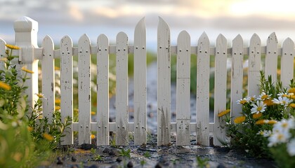 Sticker - new white painted wooden fence on transparent background