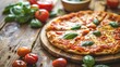 Freshly prepared homemade pizza on a wooden background