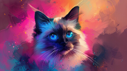 Wall Mural - A cat with blue eyes is the main focus of the image. The cat is sitting on a colorful background with a lot of splatters and paint, giving the impression of a vibrant and lively scene