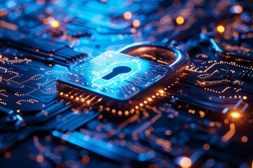 Poster - Cybersecurity technology ensures protection against fraud, safeguarding data network privacy, shown on a dark blue background with a digital padlock for a computing system.