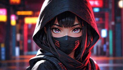 cute girl in ninja outfit anime cartoon portrait from Generative AI