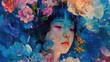 Beautiful pensive asian girl among colorful blue red and yellow flowers illustration