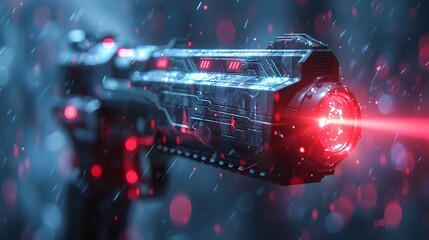 Poster - Cinematic Futuristic Laser Gun Floating in Dramatic Sci-Fi Space Storm Environment