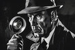 A 1940s private eye examining clues with a magnifying glass, in a film noir illustration style on a detective mystery dark grey background