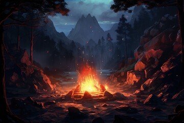 Wall Mural - Mystical forest with big rocks around a bonfire, fantasy concept.